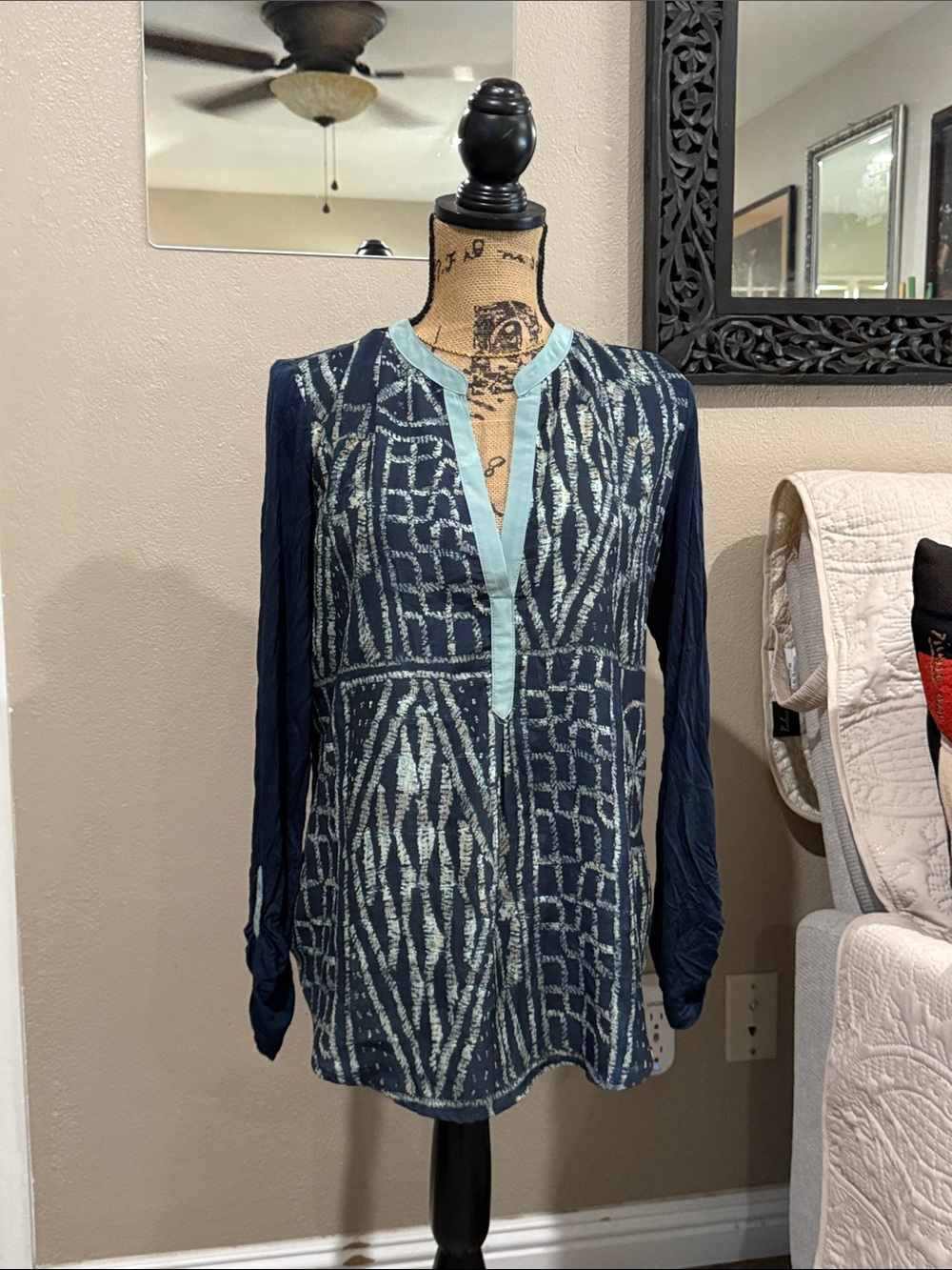 Printed Navy & Light Blue Long-Sleeve Tunic